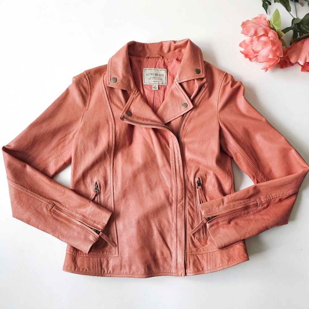 Lucky Brand NWT Pink Lamb Leather Moto Jacket Distressed Zip Moto Biker Coat S